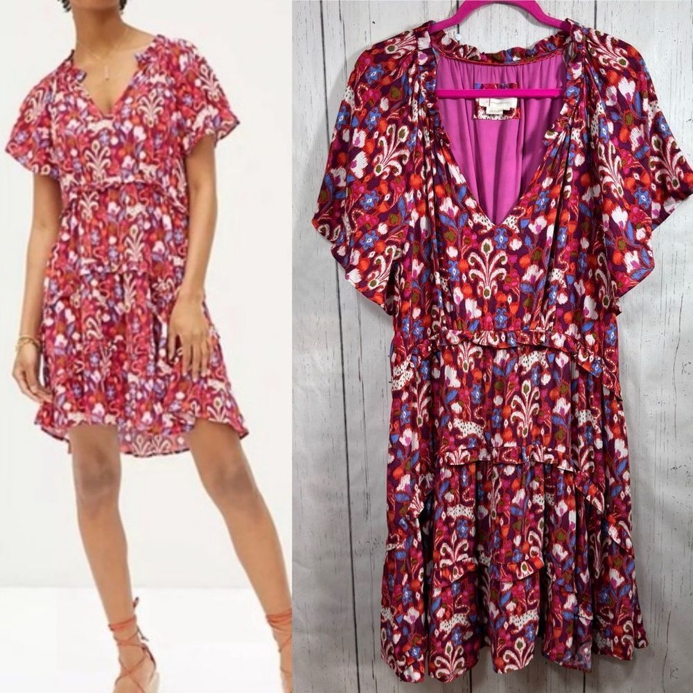 Anthropologie Red Floral Ruffle Tiered Dress XLP Boho Chic Resort Wear Feminine